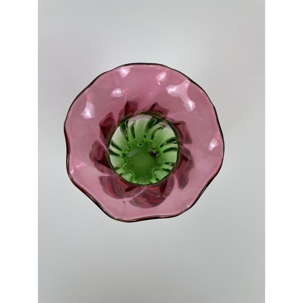 Watermelon Glass Vase Twisted Ruffled Edge Hand Blown 8” Tall - Picture 4 of 10